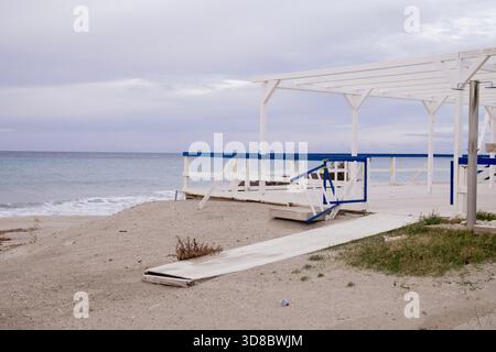 Wood construction on a Sicilian beach overlooking the Mediterranean Sea Stock Photo