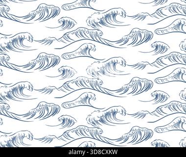 Vector seamless pattern with sea waves on a white background. Hand-drawn marine texture with Japanese-style waves. Background for wallpaper and wrappi Stock Vector