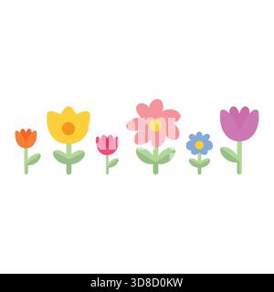 Row of Cute Colorful Spring Flowers Vector Illustration Isolated on White Stock Vector