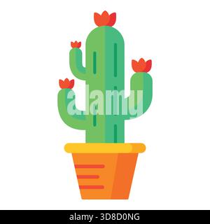 Blooming Saguaro Cactus in Orange Pot with Red Flowers Vector Icon Stock Vector