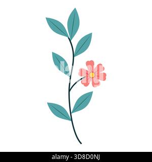 Decorative Flowering Branch with Single Pink Blossom and Teal Leaves Stock Vector