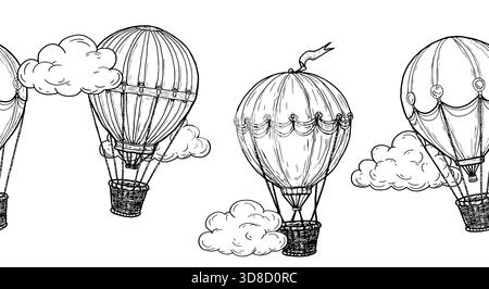 Balloon with a wicker basket, black and white sketch. Vector illustration. Seamless border with a child's toy and fluffy clouds, isolated on a white b Stock Vector