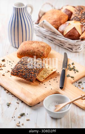 Assortment of low carb bread rolls, protein bread with nuts and seeds Stock Photo