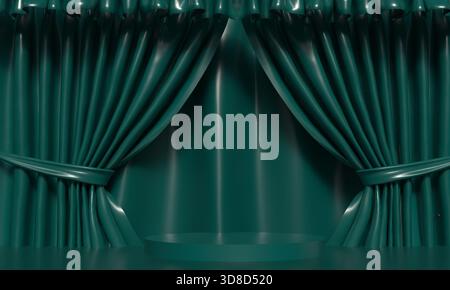 curtain waving podium stage round exhibition blue green color presentation background wallpaper mockup empty blank textile clothes curve satin curtain Stock Photo