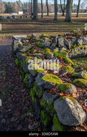 Moss-covered stone wall in Sweden Stock Photo