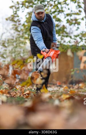 Leaf blower in action moving colorful fall leaves from residential lawn . Fall cleanup. Stock Photo