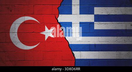 Cracked cinder block wall painted with a Turkish flag on the left and a Greek flag on the right. Stock Photo