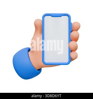 A 3D render depicts a hand holding a smartphone with a blue case. The phone screen is blank, and the hand is stylized, suggesting a cartoonish style. Stock Vector