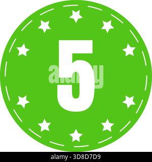 Green circular badge with large number five and stars sticker icon representing excellent customer review and five star rating ideal for showcasing Stock Vector