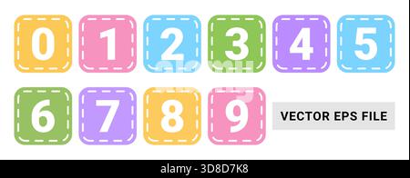 vector set of colorful pastel number digit icons from zero to nine inside rounded squares with a decorative dashed stitch border for educational graph Stock Vector