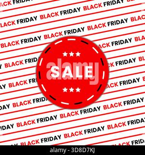 Bold red sale circle badge tag with stars on black Friday strips background for special discount deal offer advertisement banner promotion Stock Vector