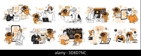 Series of illustrations showcasing humans and robots interacting creatively. Includes coding, music, painting, and laboratory scenes. Orange and black Stock Vector