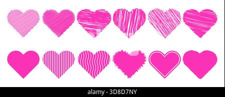 Vector collection of pink hearts shapes in various doodle scribble grunge textured and solid styles hearts icon for love wedding birthday valentine Stock Vector