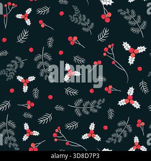 Vector seamless pattern with berries and pine branches on dark background for Christmas and winter designs Stock Vector