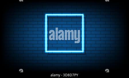 Blue neon square frame on a dark brick wall background with copy space for text Stock Vector
