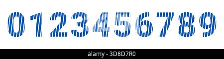 Creative blue striped number digits set zero to nine modern bold numeric vector for graphic design projects isolated on white background Stock Vector