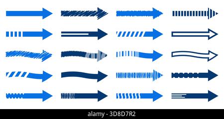 Collection of twenty various blue arrows vector styles solid dashed outline wavy and scribble designs for indicator navigation Stock Vector