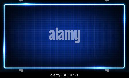 Glowing neon blue rectangular frame over a dark grid backdrop, perfect for tech, sci-fi and digital design themes Stock Vector