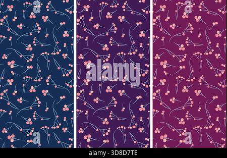 Vector set with seamless patterns with floral design in pink on dark background Stock Vector