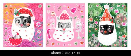 Funny cute vector set with Santa Claus Christmas cat faces, Halftone collage greeting card kitty faces illustrations Stock Vector