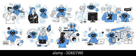 Illustration of artificial intelligence robots interacting with professionals in business contexts. Featuring teamwork and data analysis. Blue and bla Stock Vector