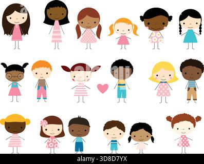 Cute group of stick figures kids - boys and girls with different skin tones Stock Vector