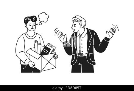 Black and white illustration of two coworkers in a disagreement. One holds a box of office items while the other gestures expressively. Simple style o Stock Vector