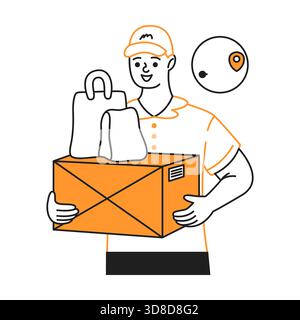 Illustration of a courier holding boxes and bags. Smiling expression, orange and black colors. Represents delivery services, located on a white backgr Stock Vector