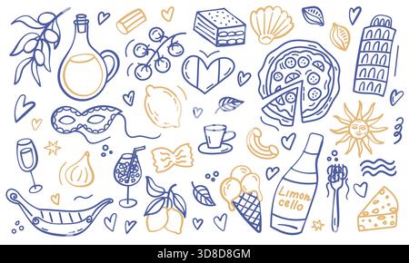 Bright hand drawn Italy themed doodle set with pizza, wine, lemons, gondola, cup, landmarks and food icons. Fun illustration for travel designs and Me Stock Vector