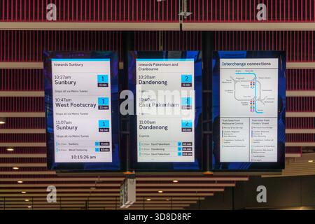 Melbourne, VIC, Australia. November 30, 2025. - Three modern digital screens display real-time train schedules and an essential interchange map at Anz Stock Photo