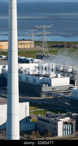 Eemshaven, Province of Groningen, The Netherlands, November, 16, 2025: Aerial Vertical View: Massive Google Data Center Cooling Systems Stock Photo
