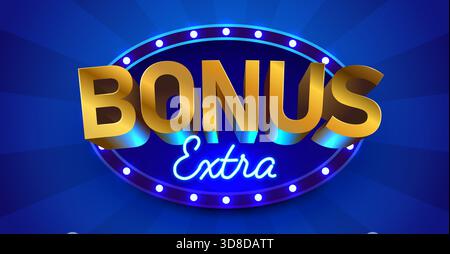 Golden 3D Extra Bonus sign with neon lighting on a vibrant blue background. Vector illustration. Stock Vector