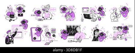 Illustration of characters interacting with technology and educational elements. Cartoon style with purple accents. Scene shows collaboration and lear Stock Vector