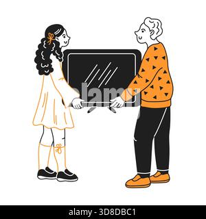 Illustration of two people smiling as they carefully hold a flat screen television. The characters are dressed in casual attire, showcasing teamwork. Stock Vector