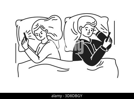 Black and white line drawing featuring a couple laying in bed and using smartphones. They are engrossed in their devices, highlighting technologys imp Stock Vector