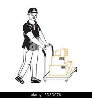 Illustration of a delivery person in uniform pushing a cart loaded with various sized boxes. The simple and clean design focuses on logistics and tran Stock Vector