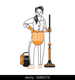 Illustration of a smiling woman in a uniform with an apron holding a vacuum cleaner. A bucket with a cloth is nearby, symbolizing cleaning services. Stock Vector