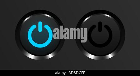 Modern power button icon showing on and off states. Blue illuminated switch on dark background. Vector illustration. Stock Vector