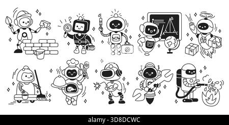 Cheerful robots depicted in various professions including builder, doctor, scientist, and firefighter in black and white cartoon style. Perfect for te Stock Vector