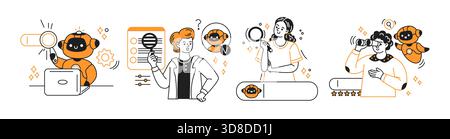 Modern vector illustration showcasing diverse individuals and a artificial intelligence actively searching various topics. Vibrant colors and dynamic Stock Vector