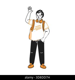 Illustration of a young man in casual wear waving hand. He is wearing headphones, a backpack, and orange accents in the outfit conveying friendliness. Stock Vector
