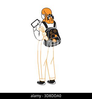 Illustration of person with backpack and phone in hand. Simple modern style with black and orange colors. Casual and approachable design on white back Stock Vector