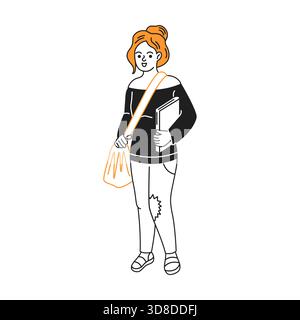 A modern line art illustration features a smiling woman standing with a bag and a folder. Her casual attire and relaxed pose convey a sense of confide Stock Vector