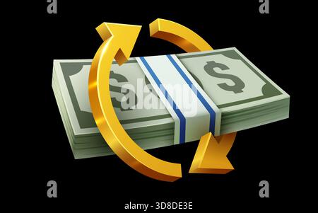 Pack of green paper currency with arrows. Cashback or moneyback concept. 3D render stack of dollar US. Money dollar banknote in cartoon style isolated. Vector illustration Stock Vector