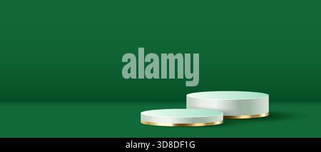 Stylish minimalist design featuring two round podiums on elegant green background. Ideal for product display or branding with a touch of luxury and so Stock Vector