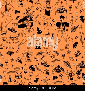 Carnival Dancers Celebration Seamless Pattern. Happy people in Masquerade Costumes with Feathers, Masks, festive elements on Orange Background. Hand Stock Vector