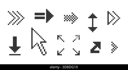 Pixel arrow set. Pixel art different directions 8 bit gaming console style sign. Interface icon. Collection. Vector illustration Stock Vector