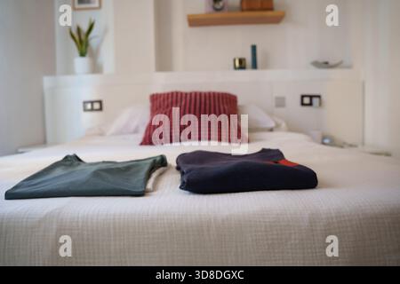 Elegant bed with vibrant cushion, Comfortable textile arrangement with calm ambiance Stock Photo