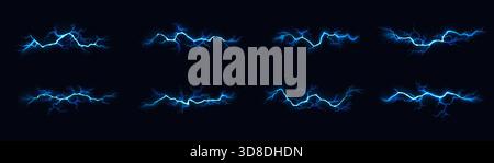 Collection of electric lightning bolts in vivid blue hues on dark backdrop. Electric energy concept in digital art style, depicting power and intensit Stock Vector