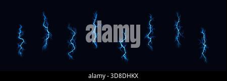 Electric blue lightning bolts on a dark background create a striking visual effect. This illustration exudes energy and power, ideal for dramatic desi Stock Vector